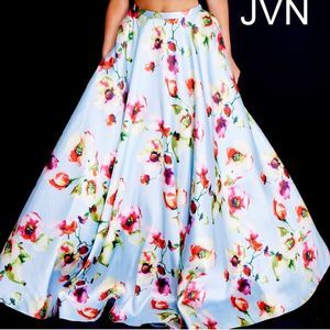 Jovani Pale Blue Colorful Floral Full Prom Skirt